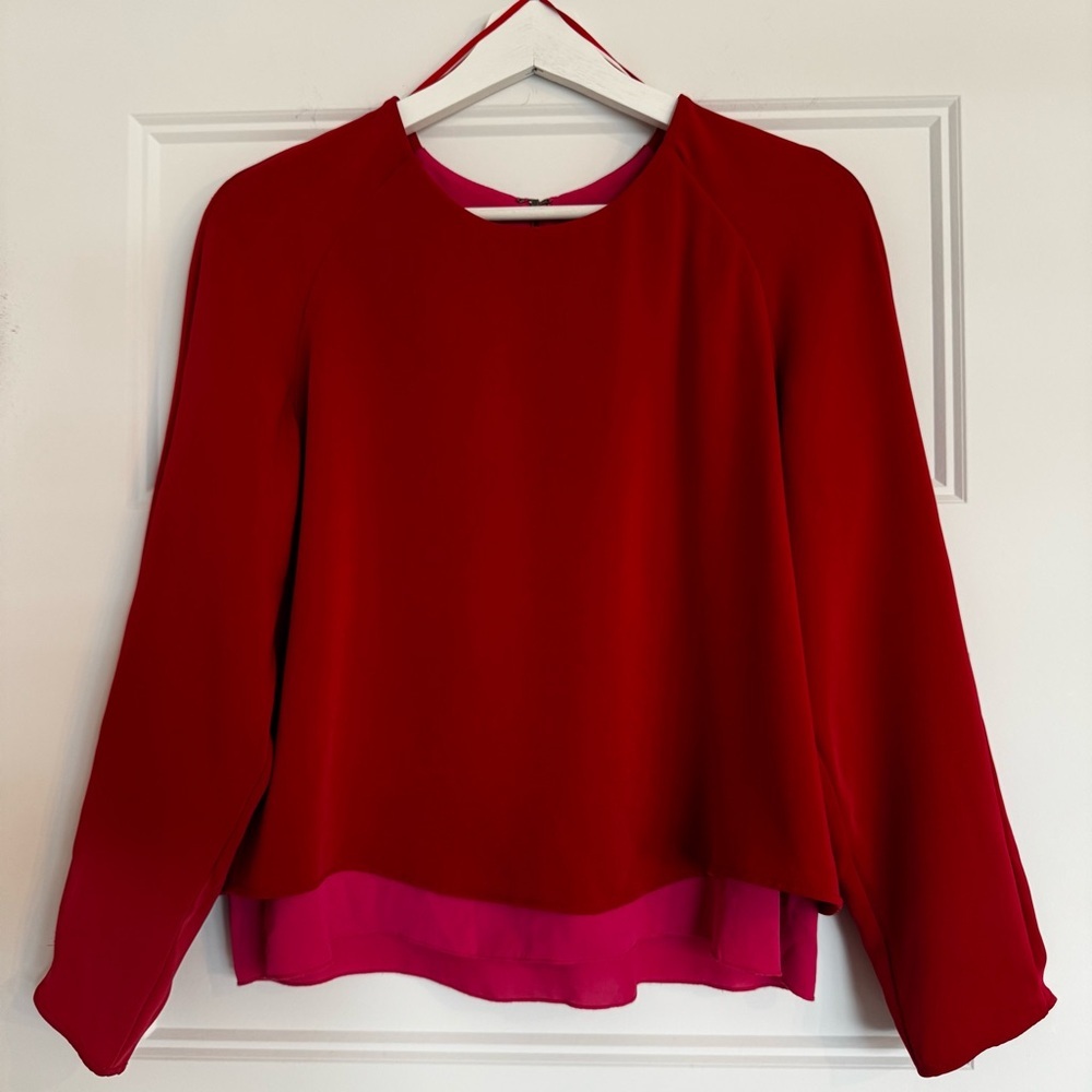 Mango Suit Collection Red Layered Long Sleeve Blouse Fuchsia/Pink Lining Size 4